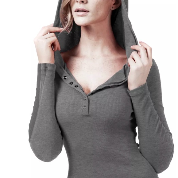 Heather gray hooded Henley dress cotton bodycon hoodie sheath button front cute - Picture 2 of 5